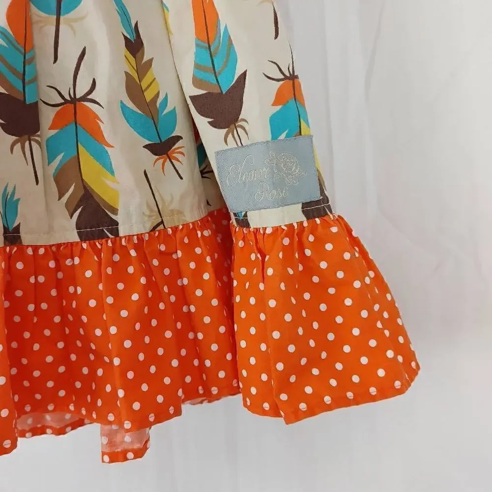Eleanor Rose Feather Dress Turquoise Orange Polka Dot Toddler Girls Size 2T.
